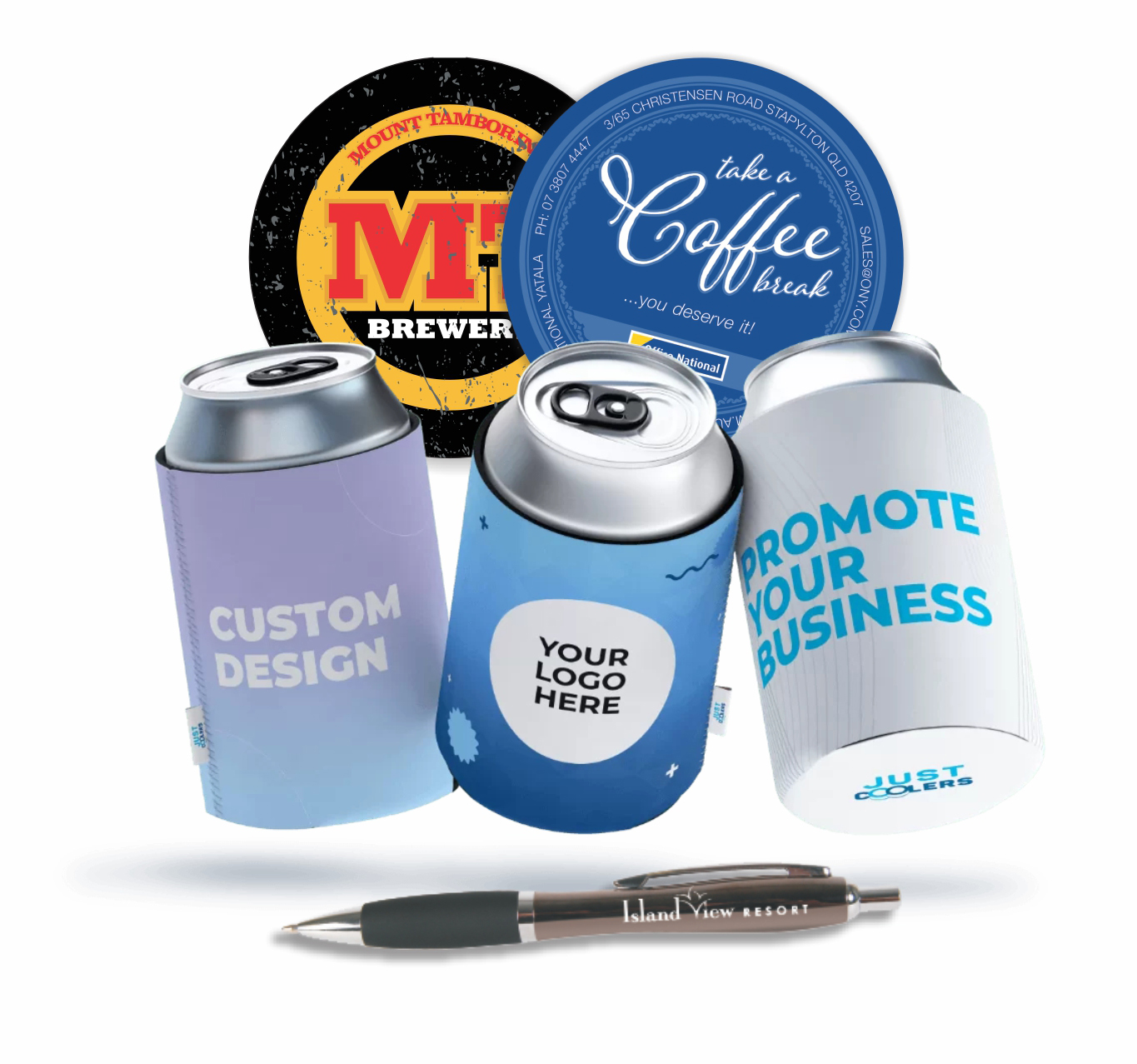 Company branded promotional products, coasters, pens and stubbie holders